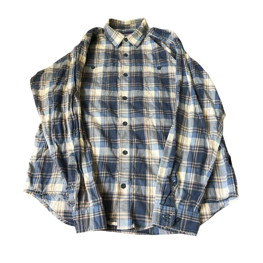 Patagonia‎ Mens Organic Cotton Plaid Long Sleeve Button Down Shirt Blue Cream M